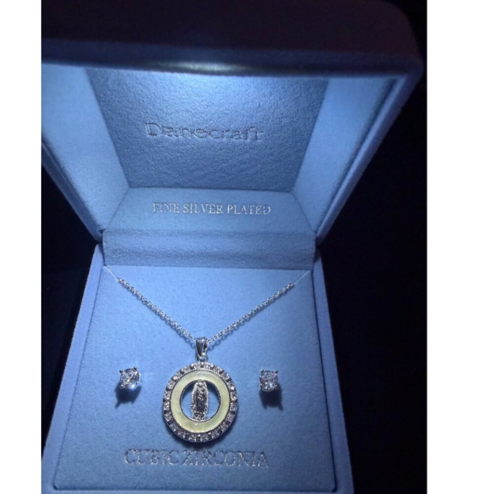 Lady of Guadalupe Necklace & CZ Stud Earrings Set Silver Plated Light Box